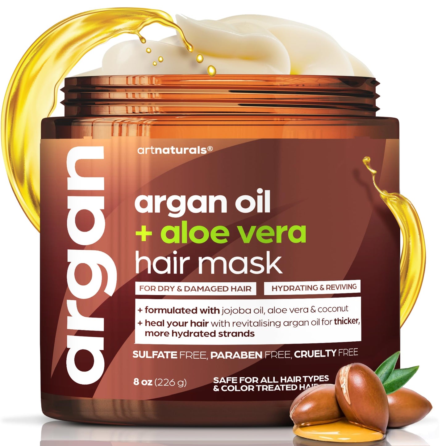 Artnaturals Argan Hair Mask Conditioner - (8 Oz/226g) - Deep Conditioning Treatment - Organic Jojoba Oil, Aloe Vera & Keratin - Repair Dry, Damaged