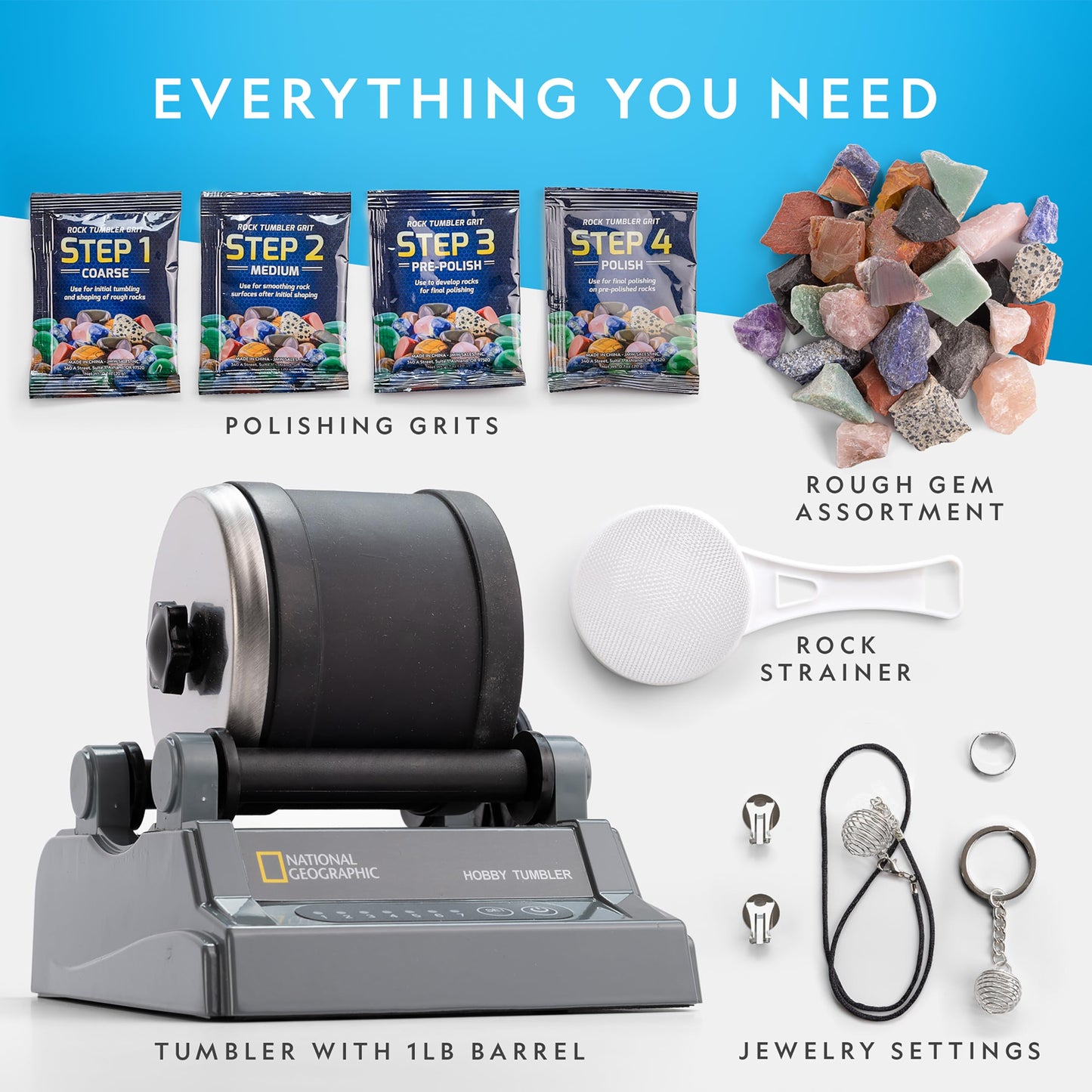 National Geographic Rock Tumbler Kit – Hobby Edition with Gemstones & 4 Polishing Grits, STEM Geology Science Kit & Rock Polisher for Kids & Adults
