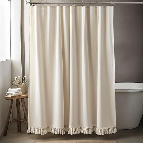 TURKIO Linen Shower Curtain Boho Beige Shower Curtains for Bathroom Thick Fabric Shower Curtain with Tassels Neutral Shower Curtains Rustic Farmhouse…