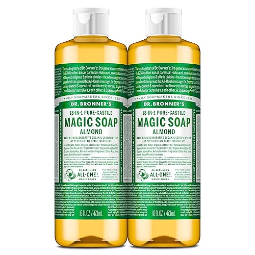 Dr. Bronner's Pure-Castile Magic Liquid Soap (Almond, 16 Ounce, 2-Pack)- Made with Regenerative Organic Certified Oils, 18-in1 Uses: Face, Hair, Hand