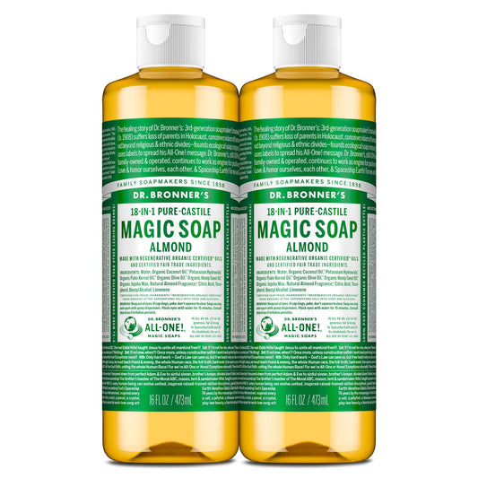 Dr. Bronner's Pure-Castile Magic Liquid Soap (Almond, 16 Ounce, 2-Pack)- Made with Regenerative Organic Certified Oils, 18-in1 Uses: Face, Hair, Hand
