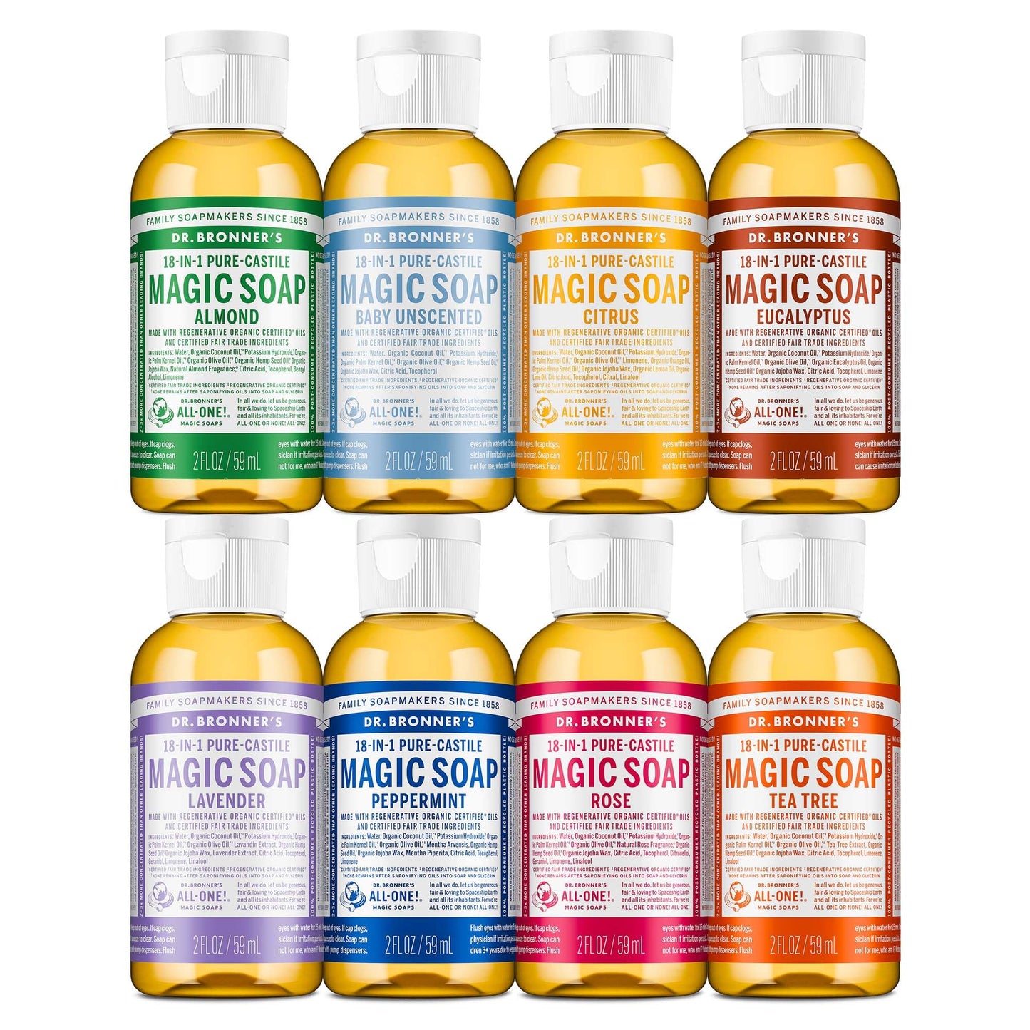 Dr. Bronner's Magic Soap-Pure-Castile Liquid Soap (2 Ounce, Variety Gift Pack)- Regenerative Organic Certified Oils, 18-in-1 Uses: Body, Hair