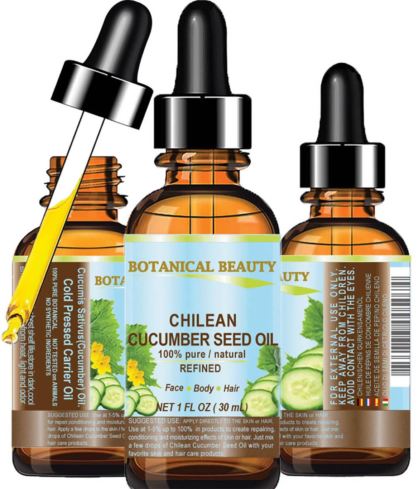 Botanical Beauty CUCUMBER SEED OIL (NOT ESSENTIAL OIL) 100% Pure Natural Refined Cold Pressed Carrier Oil 1 Fl oz - 30 ml for Face