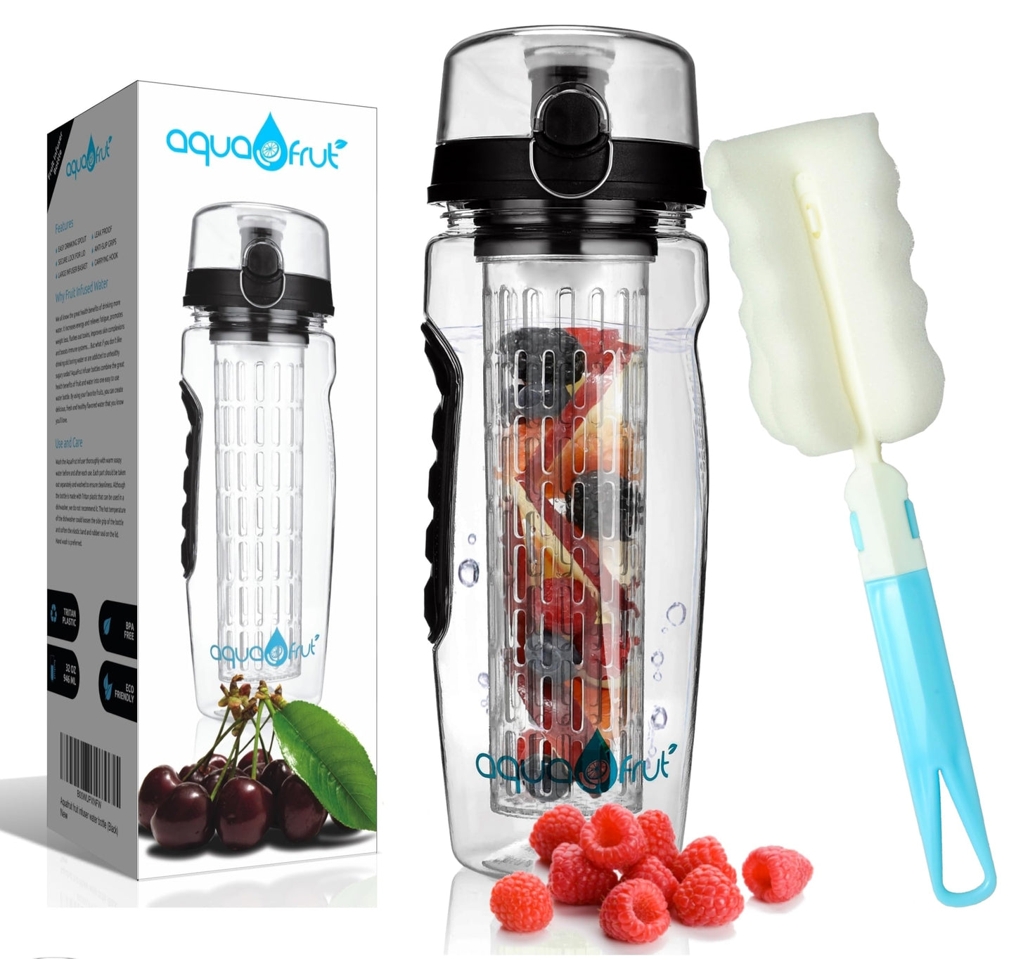AquaFrut 32 OZ Fruit Infuser Water Bottle BPA-Free Fruit Infusion Sports Bottle - Flip Top Lid w Drinking Spout, Leak Proof, Made of Durable Tritan.