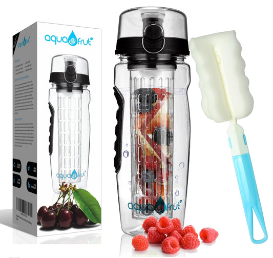 AquaFrut 32 OZ Fruit Infuser Water Bottle BPA-Free Fruit Infusion Sports Bottle - Flip Top Lid w Drinking Spout, Leak Proof, Made of Durable Tritan.