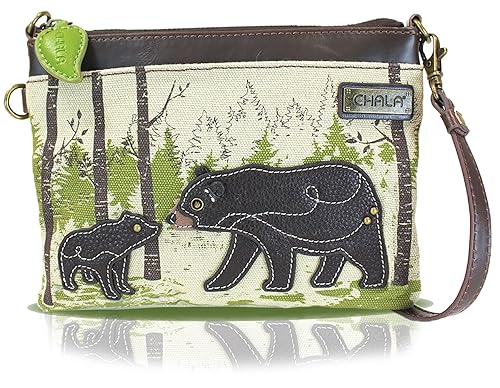 CHALA Canvas Mini Crossbody Handbag, Multi Zipper, Small Shoulder Purse Adjustable Strap - Bear - sand