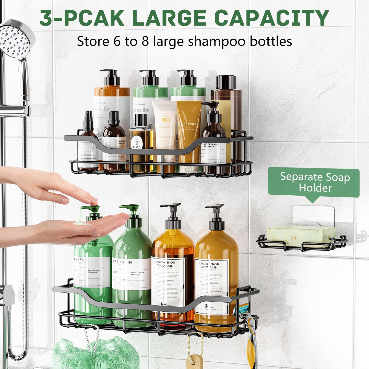 OMAIRA 3-Pack Shower Caddy Set – No-Drill Adhesive Bathroom Organizer with Soap Holder, Rustproof Storage Rack – Black, Large