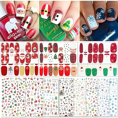TailaiMei 15 Sheets Christmas Nail Stickers, 7 Sheets Nail Wrap Stickers and 8 Sheets Nail Decals Stickers, Full Wraps Strips and Self-Adhesive Set