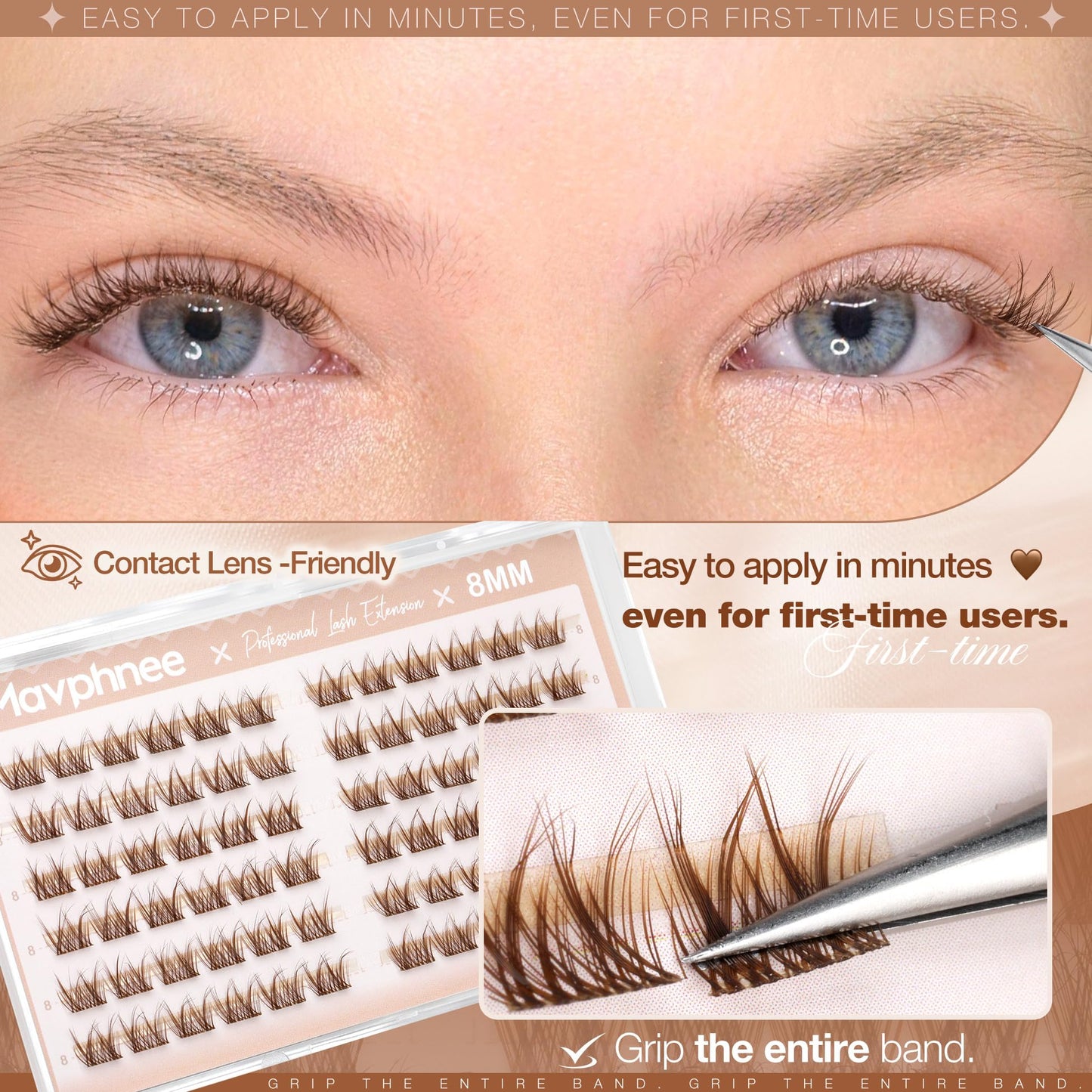 8MM Brown Lash Clusters Short Fluffy Individual Lashes with C Curl & Clear Band, Natural Look for Everyday Wear, Beginner-Friendly - Barely There Beauty and Personal Care Mavphnee