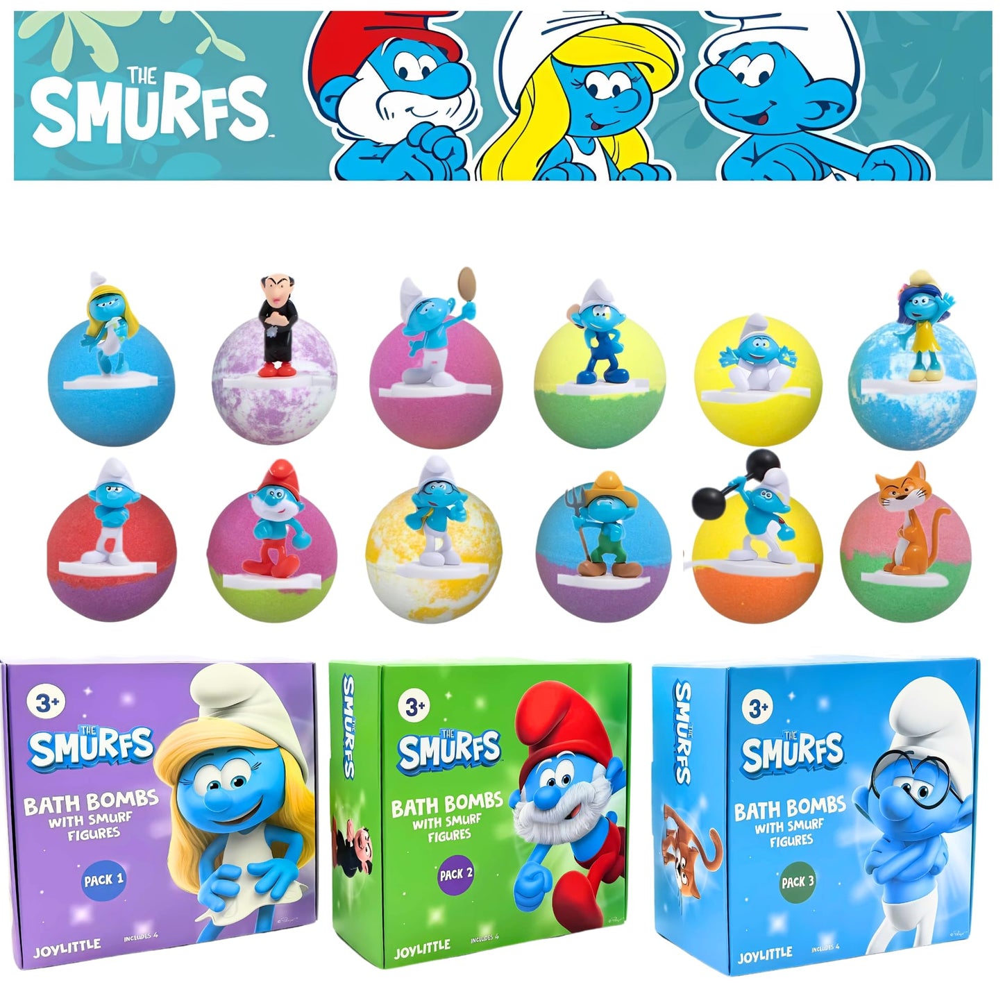 The Smurfs Bath Bombs with Action Figures-Brainy, Handy Smurf, Blossom, and Azrael (Pack 3) Beauty and Personal Care Joylittle