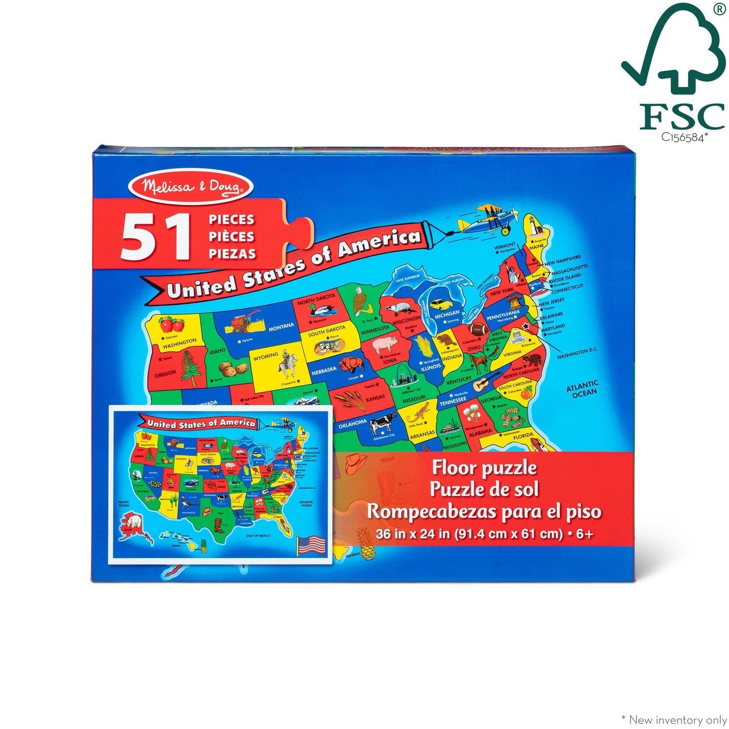 Melissa & Doug USA Map Floor Puzzle - 51 Pieces (2 x 3 feet) - FSC Certified