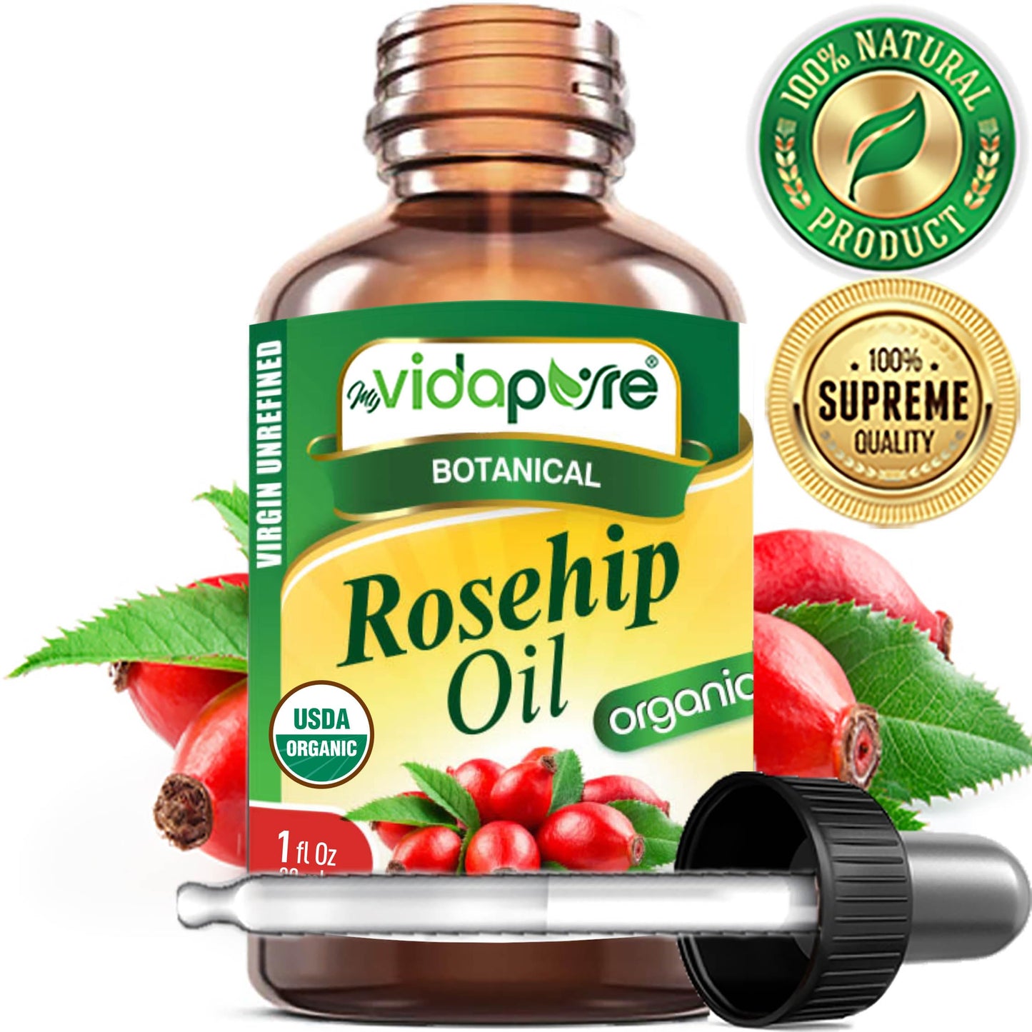 MYVIDAPURE Organic ROSEHIP OIL Certified Organic WILD GROWTH RAW Pure VIRGIN UNREFINED for Face, Body, Hair and Lip Care (1 Fl Oz)