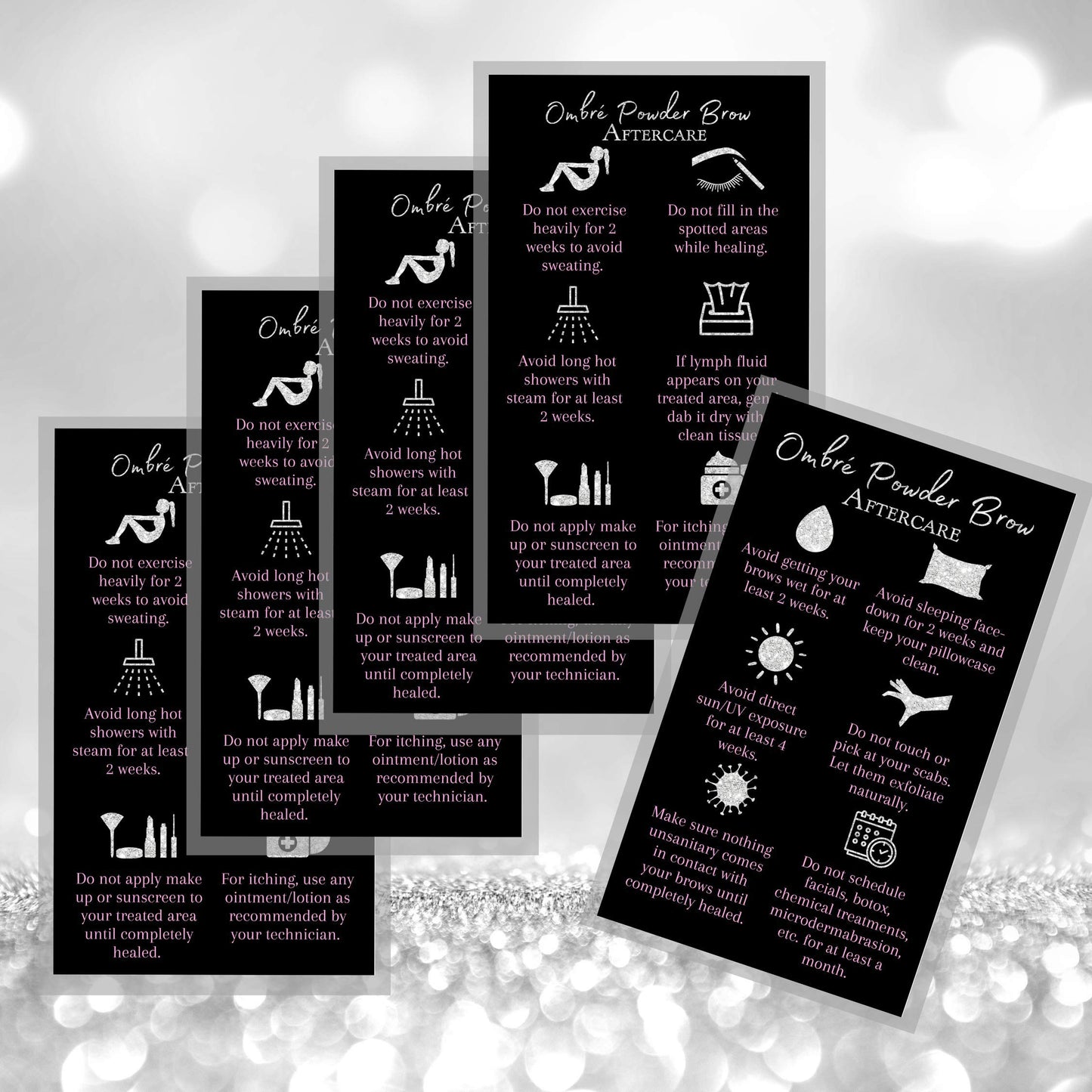 Ombre Powder Brow Aftercare Instructions Cards | Package of 50 | Size 2x3.5" inches Business Card | Black, Silver Glitter, and Light Pink Design