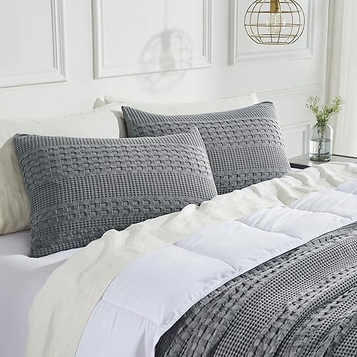 VHC Brands 100% Cotton Waffle Weave Dark Gray Queen Size Sham Set of 2 20x30, Decorative Throw Pillow Covers/Shams, Boho Farmhouse Bedroom Decor
