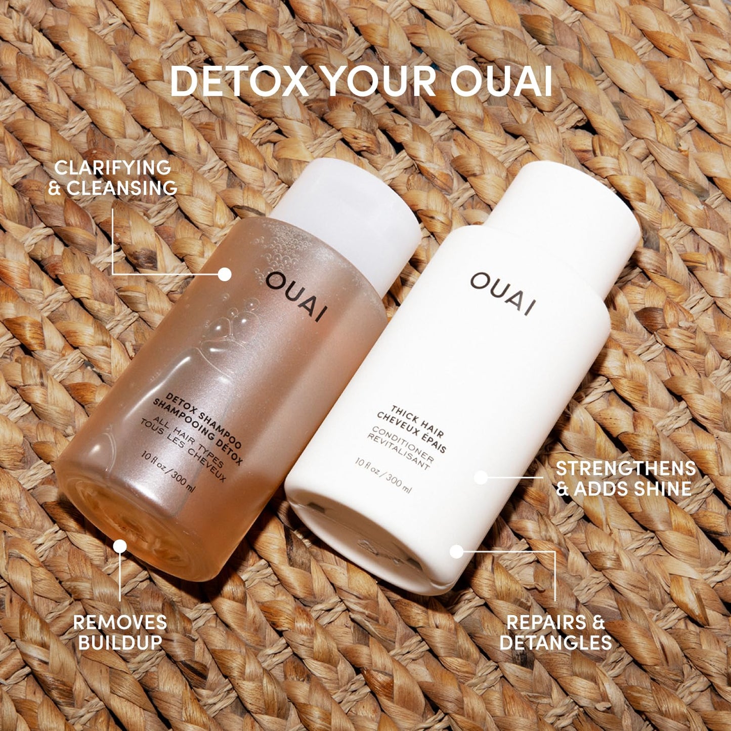 OUAI Detox Shampoo & Thick Hair Conditioner Bundle - Clarifying Shampoo for Build Up, Dirt, Oil, Product and Hard Water & Moisturizing Conditioner