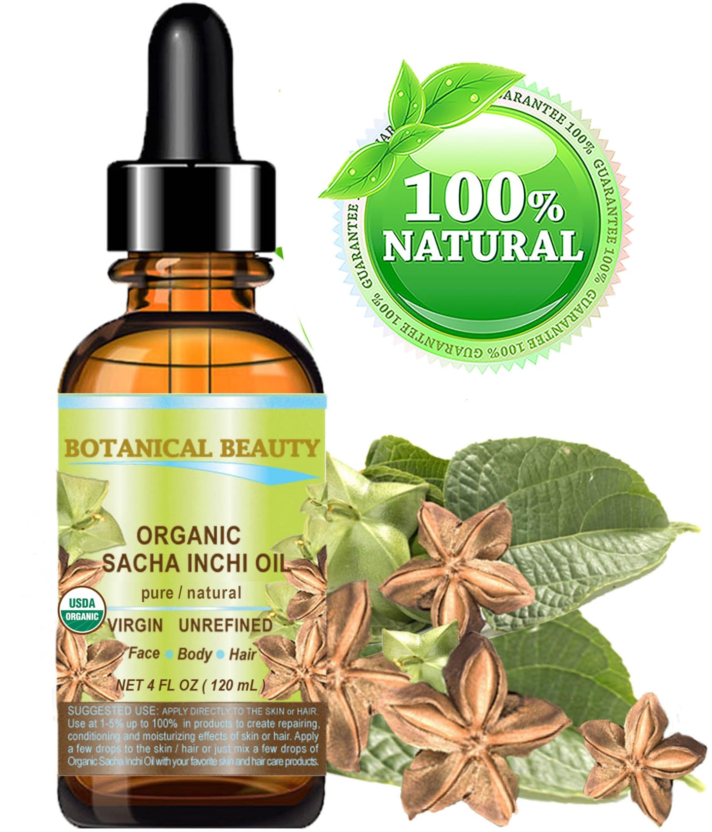 Botanical Beauty Organic SACHA INCHI OIL 100% Natural Pure Undiluted Virgin Unrefined Cold Pressed Carrier Certified Organic Oil For Face, Skin, Hair