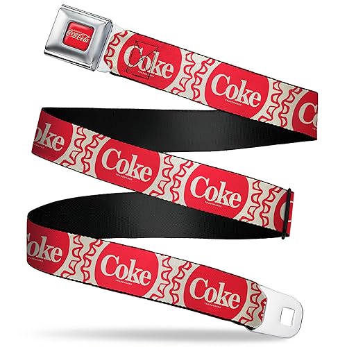 The Coca-Cola Company Belt, Seatbelt Buckle Belt, Vintage Coke Bottle Caps White Red, Youth 20 to 36 Inches