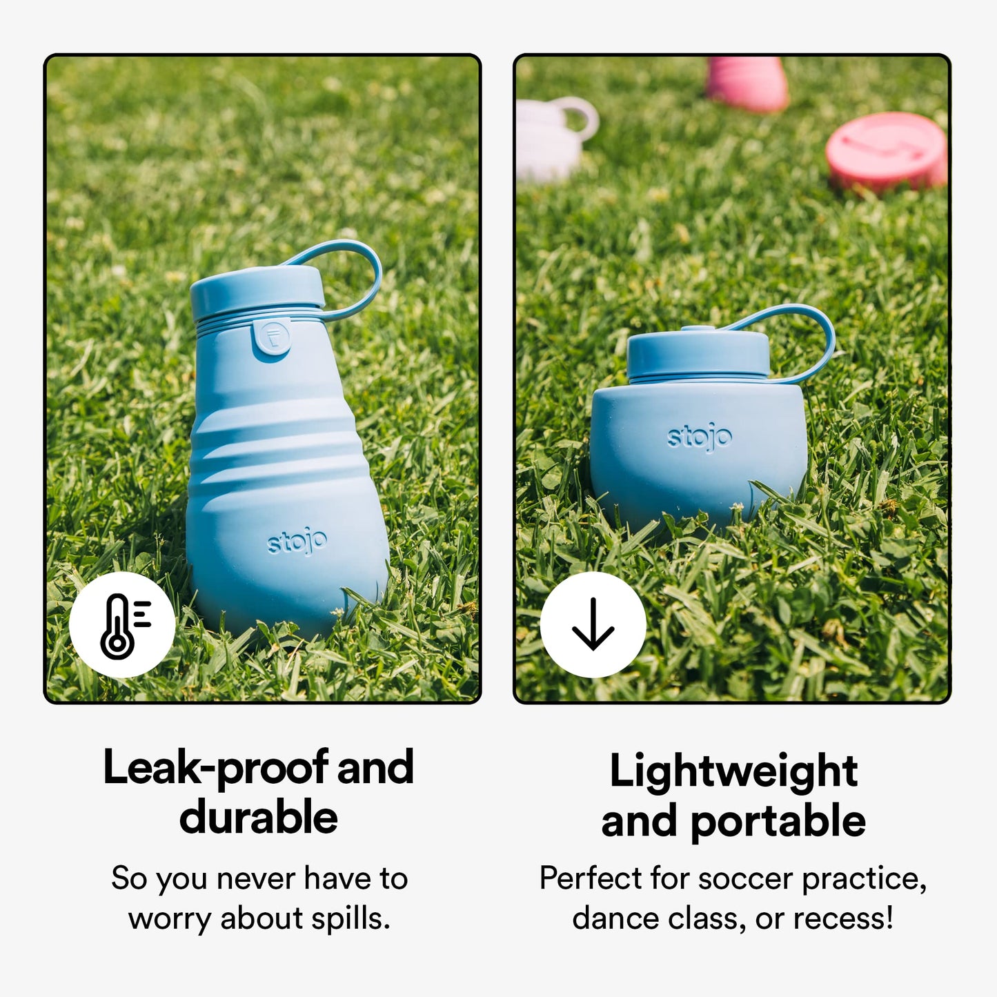 STOJO Jr Collapsible Bottle for Kids - Steel Blue, 14oz / 400ml - Leak-Proof Reusable Silicone Travel Cup for Hot & Cold Drinks -On-The-Go Camping…