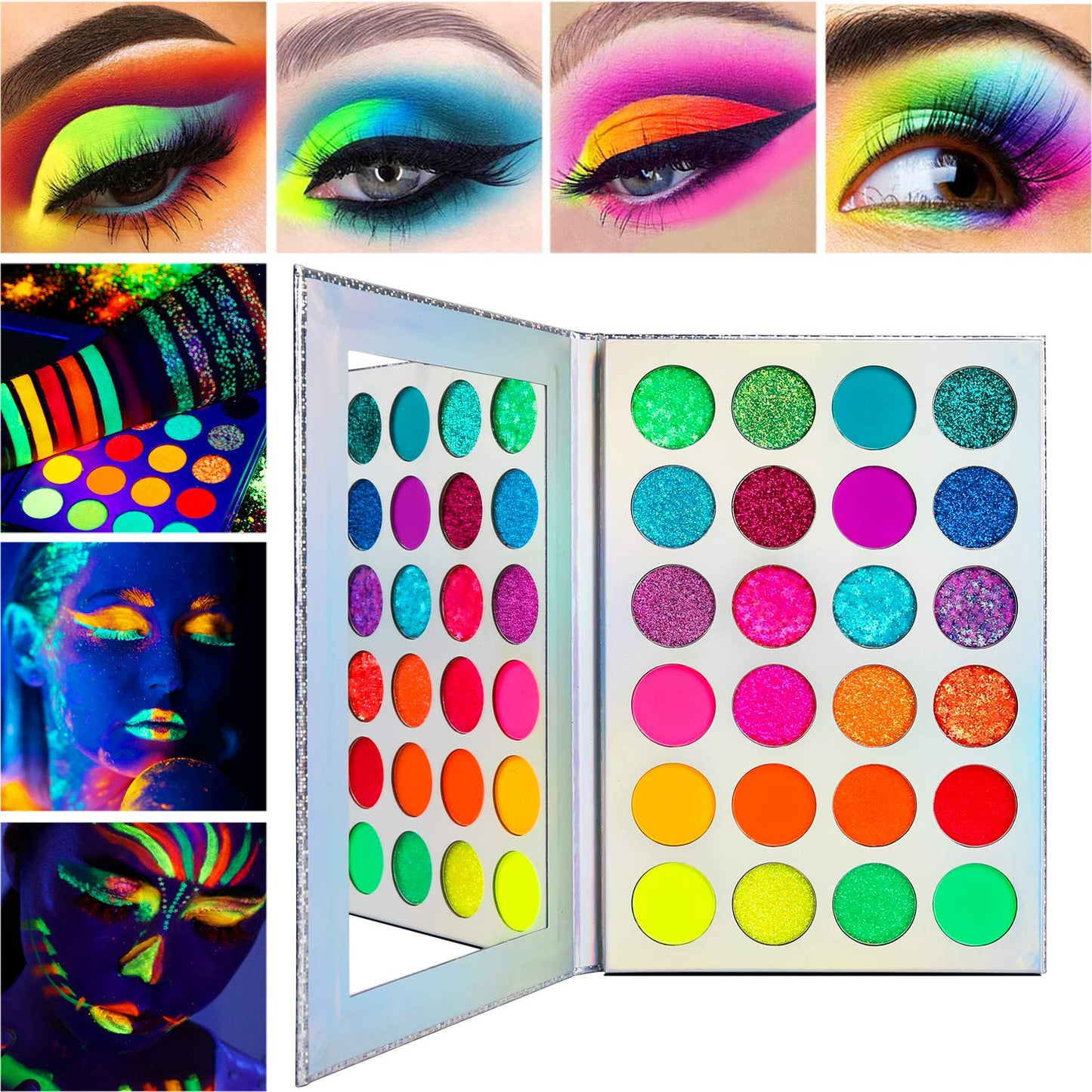DE'LANCI Neon Eyeshadow Palette Glow in the Dark, Aurora Glow Eyeshadow Pallets Stage, Halloween Christmas Makeup Kit UV Blacklight Matte and Glitter
