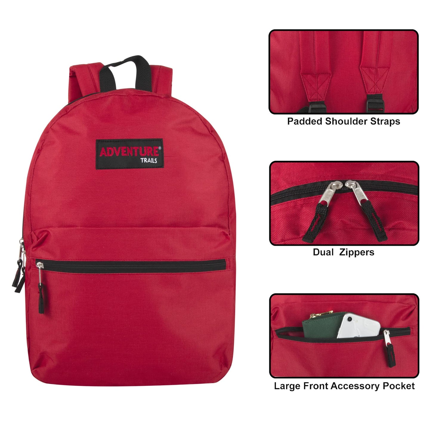 Adventure Trails Bulk Backpacks Classic 17 Inch Backpacks for Boys and Girls - Case Pack of 24 Wholesale Backpacks in Bulk for Kids, School, Adults