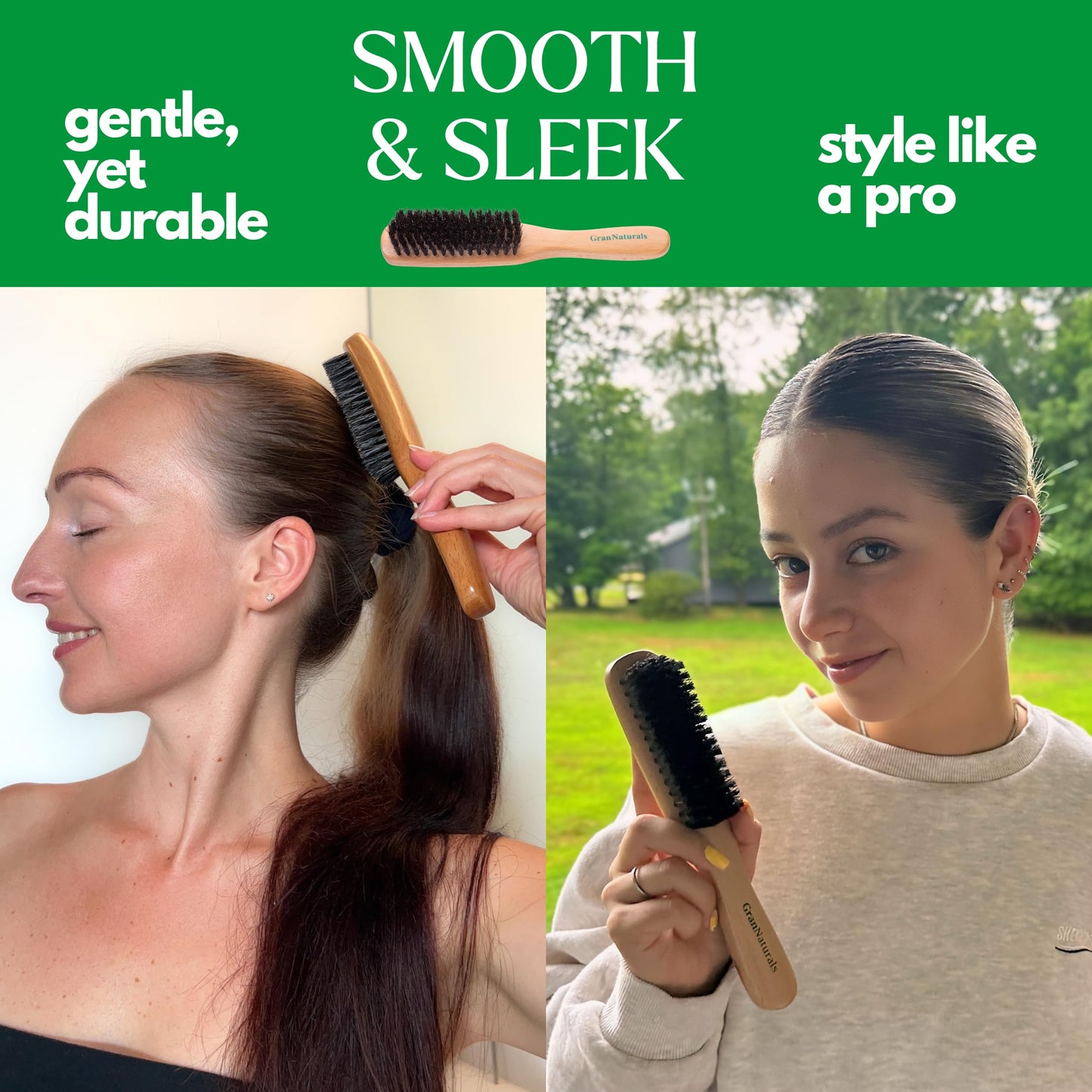 GranNaturals Boar Bristle Slick Back Hair Brush - Soft/Medium Smoothing Hairbrush to Style, Polish, & Lay Hair Down Flat to Create a Sleek Frizz Free