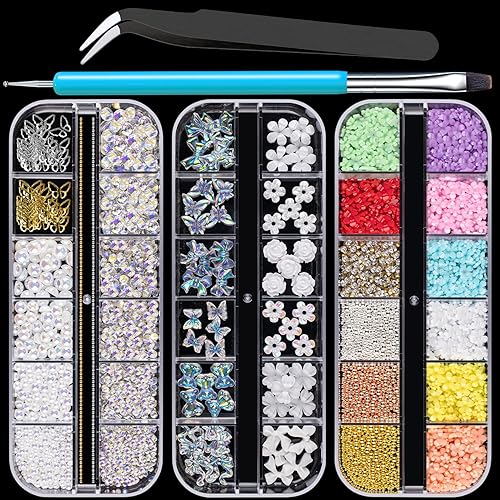 Mixed 3D Nail Art Gem Decoration Accessories Kit #1, Aurora Bear Bow Butterfly Starry AB Rhinestone Charm Jewelry for Deco, Pearl Flower Caviar Bead