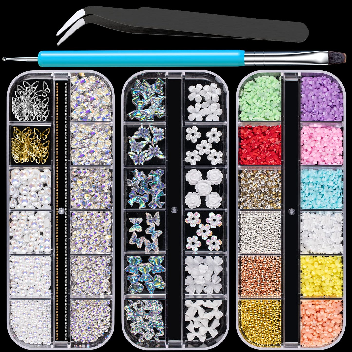Mixed 3D Nail Art Gem Decoration Accessories Kit #1, Aurora Bear Bow Butterfly Starry AB Rhinestone Charm Jewelry for Deco, Pearl Flower Caviar Bead