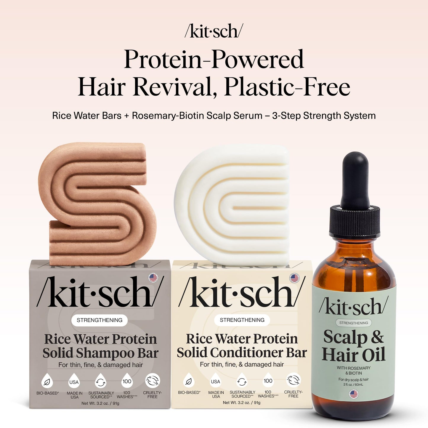 Kitsch Rice Water Shampoo and Conditioner Set + Pre-Wash Scalp Serum with Rosemary and Biotin - Shampoo and Conditioner Bar for Hair Growth & Scalp
