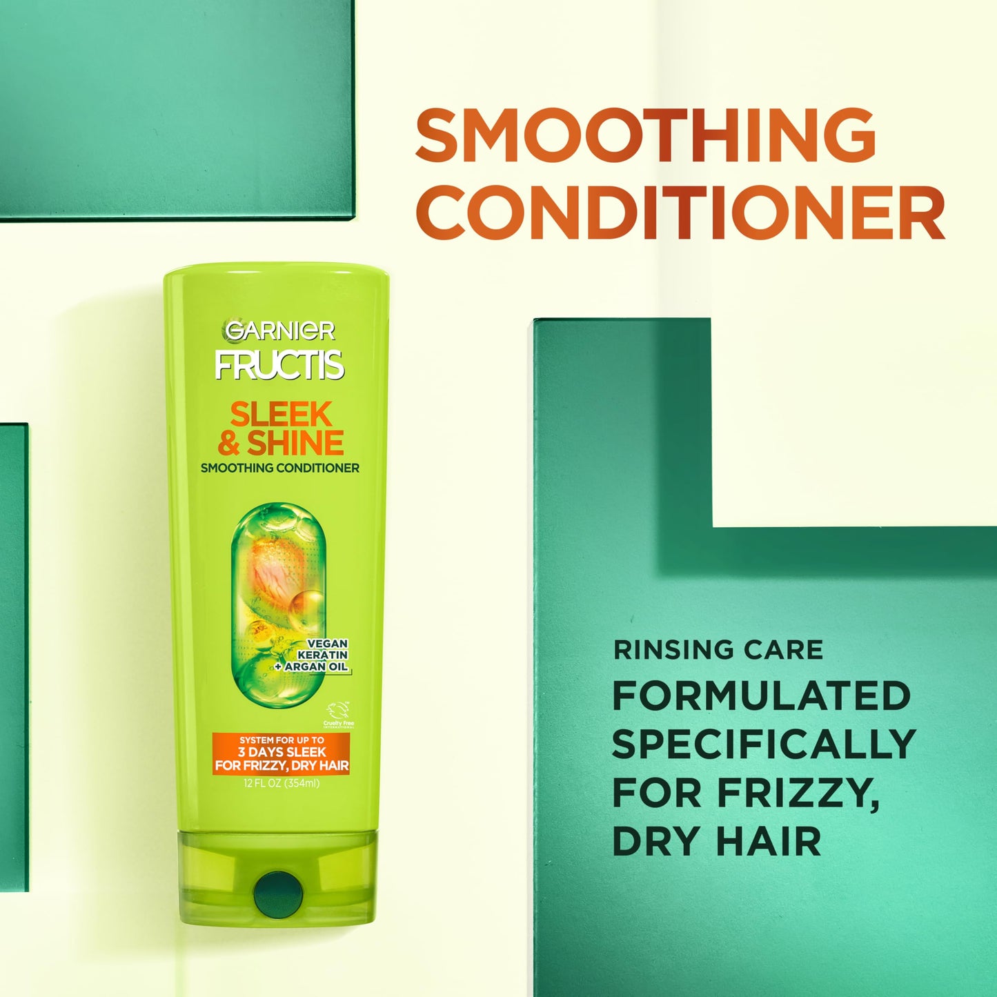 Garnier Fructis Sleek & Shine Conditioner, Smoothing Conditioner for Frizzy, Dry Hair with Argan Oil and Vegan Keratin, 33.8 Fl Oz (Packaging May
