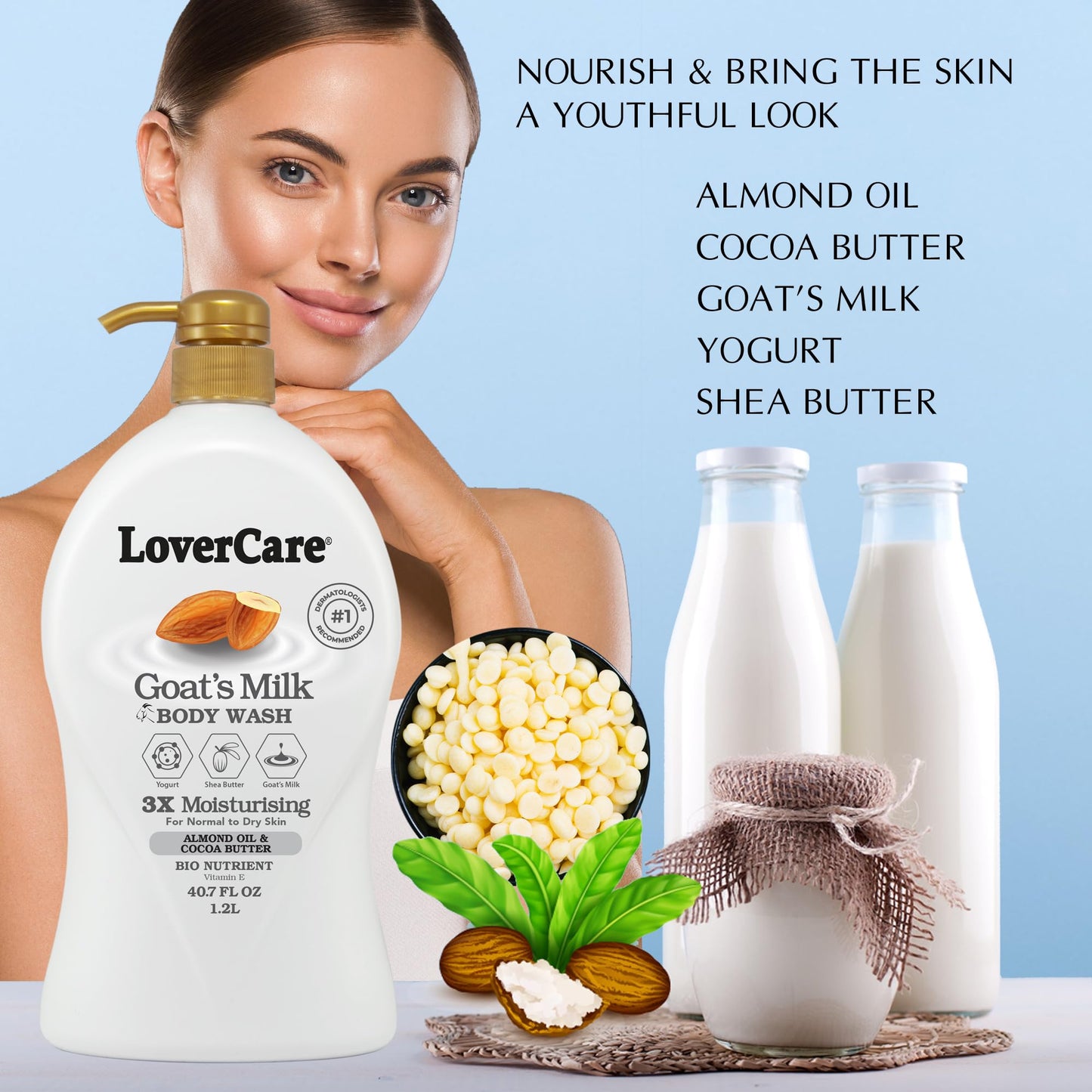 Lovercare Goat's Milk Body Wash 3x Moisturising plus Bio Nutrient (Almond Oil and Cocoa Butter) 40.7 fl oz