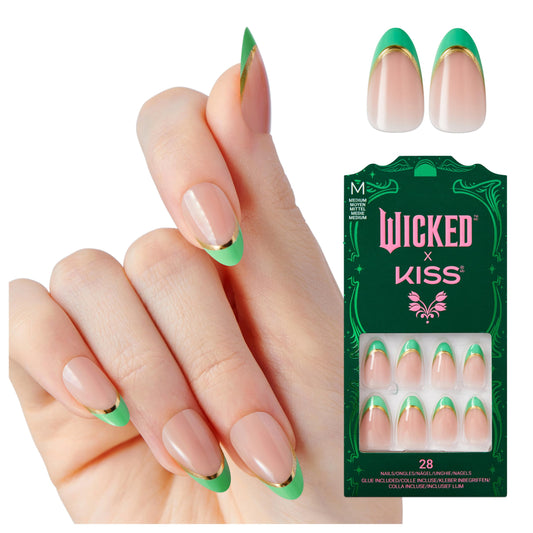 WICKED X KISS Press On Nails Almond, ‘Thrillifying!’, Green, Medium, Waterproof, Chip Proof, Smudge Proof, 28 Fake Nails, Pink Gel Nail Glue (2g) Beauty & Personal Care KISS