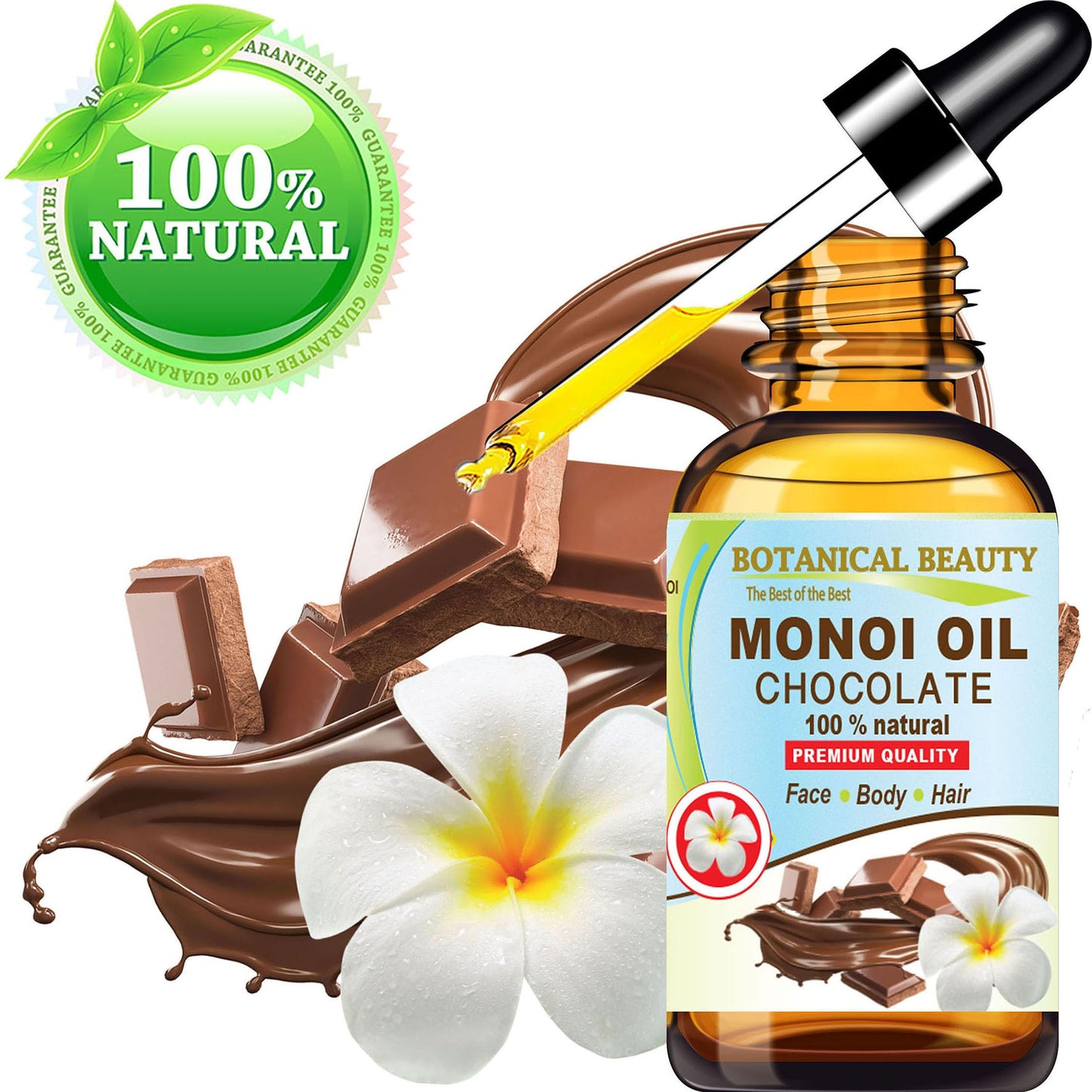 Botanical Beauty MONOI OIL Chocolate. Frangipani flowers in Coconut Oil with Chocolate aroma. 100% Natural Pure for FACE, SKIN, BODY, HAIR, NAILS