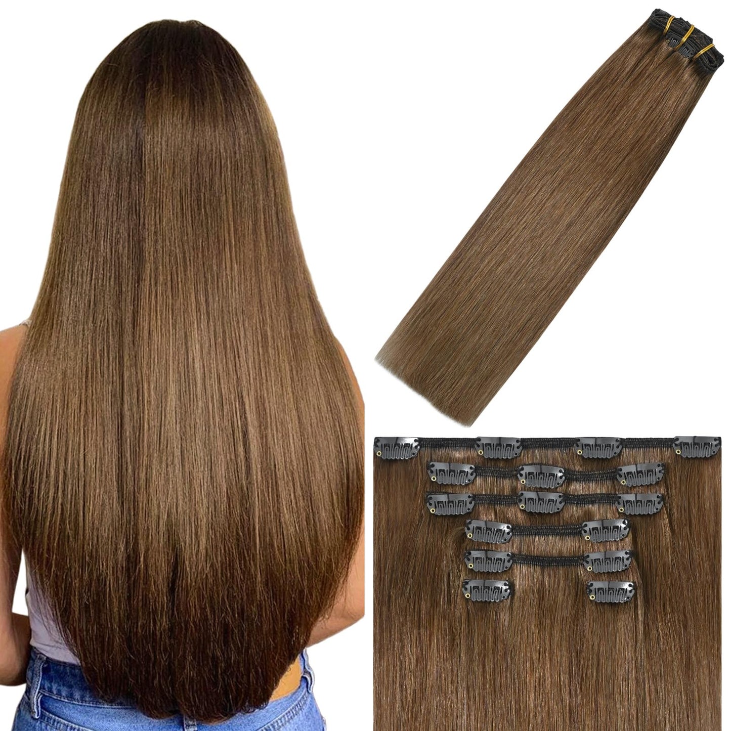 WindTouch Clip In Hair Extensions Real Human Hair Light Brown Extensions 18Inch 75g 7Pcs Human Hair Clip in Extensions #6 Chestnut Brown Hair