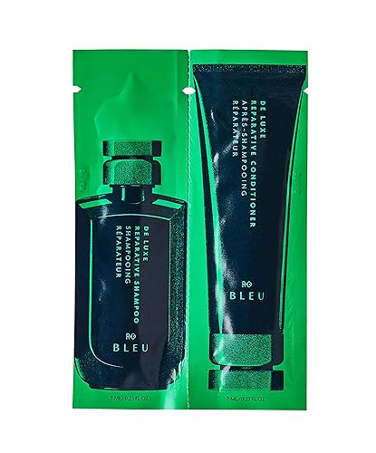 R+Co BLEU De Luxe Reparative Shampoo + Conditioner Tandem Packette | Hydrates + Strengthens + Adds Shine | Vegan, Sustainable + Cruelty-Free | 14ml