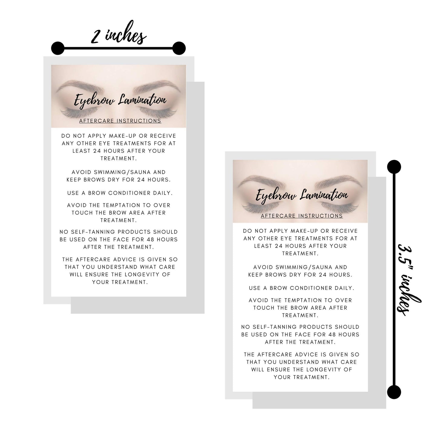 Eyebrow Lamination Aftercare Instruction Cards | Physical Printed 2 x 3.5” inches Business Card Size | White with Brow Photo Design | Starter Lift Kit