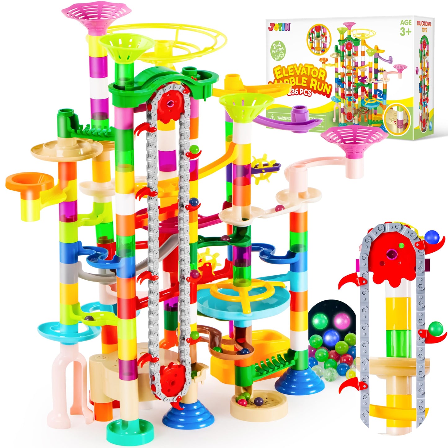 JOYIN 236pcs Glowing Marble Run Set with Motorized Elevator – STEM Construction Toy with 30 Glow-in-the-Dark Marbles for Kids Gifts