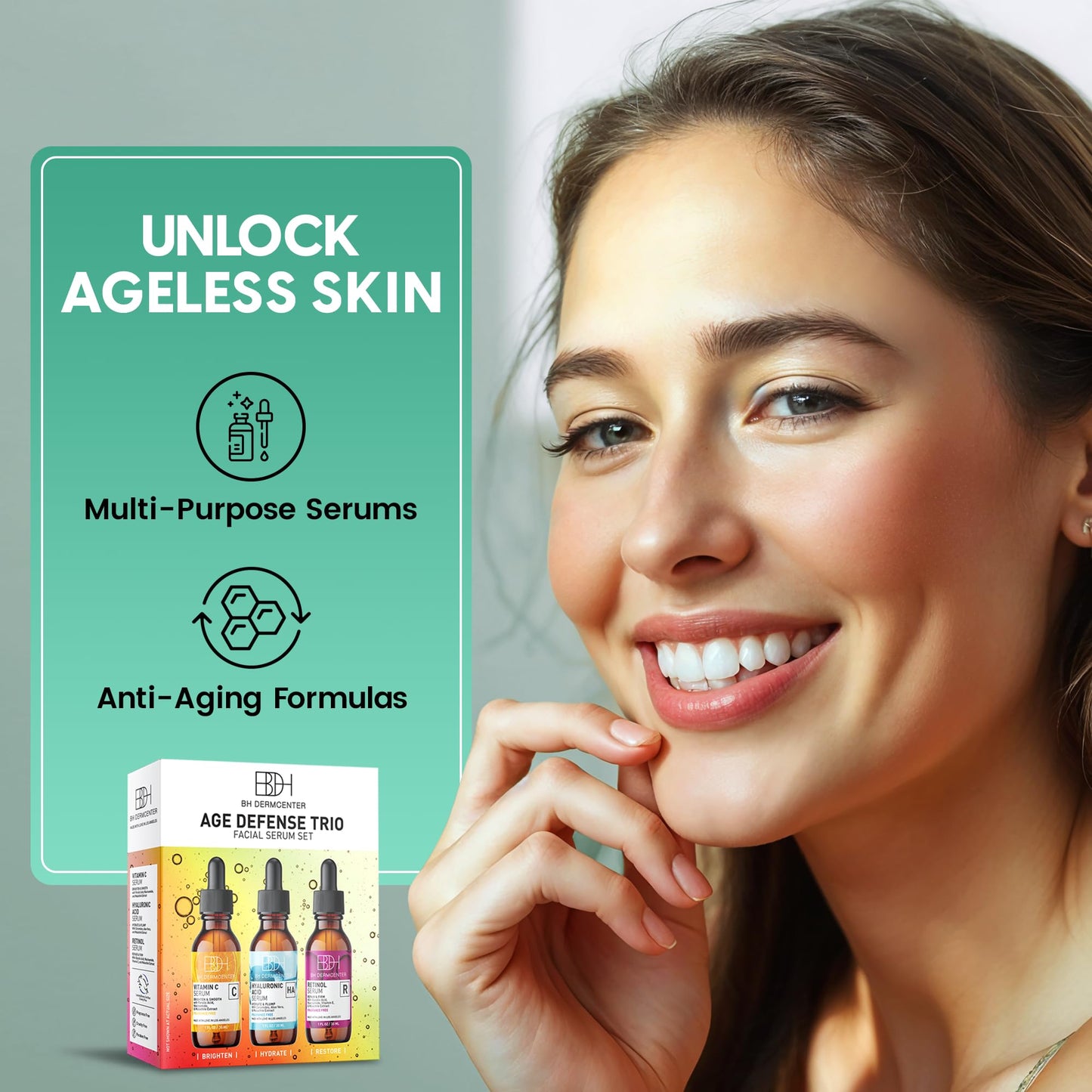 BH Dermcenter Age Defense Trio Anti-Aging Serum Set for Face and Eyes - Vitamin C, Retinol, Hyaluronic Acid Face Serum for Men and Women - 30ml Each