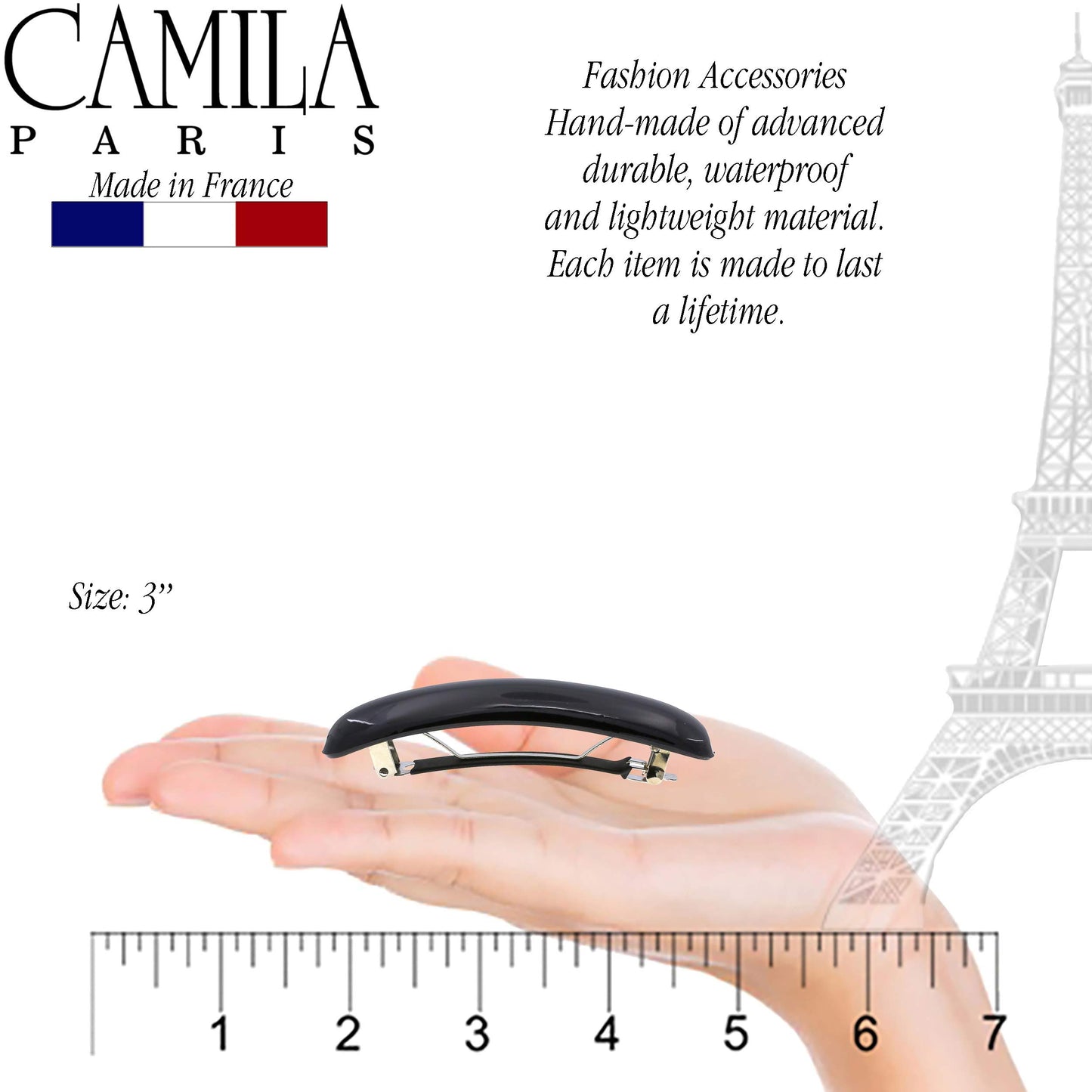 Camila Paris CP3019 French Hair Barrette Clip for Girls, Black, Rubberized Metal Clasp Strong Hold Grip Hair Clips for Women, No Slip Durable