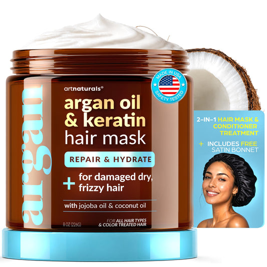 Hair Mask + Silk Bonnet for Sleeping Women Set - Conditioner & Leave-In Conditioner for Damaged Hair - Argan Oil, Jojoba, Aloe & Keratin Bonnet Beauty and Personal Care Artnaturals Default Title