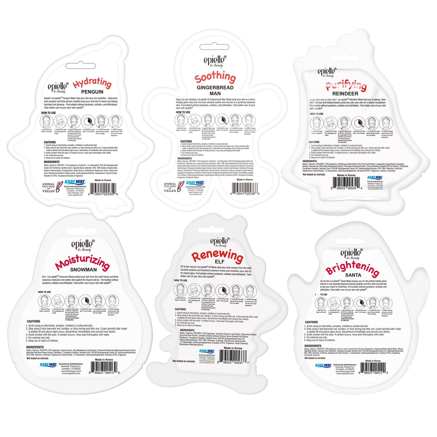 Epielle Christmas Holiday Sheet Mask Set 12pk – Fun Santa, Reindeer, Snowman & More | Stocking Stuffers, Spa Party Favors & Gift Ideas