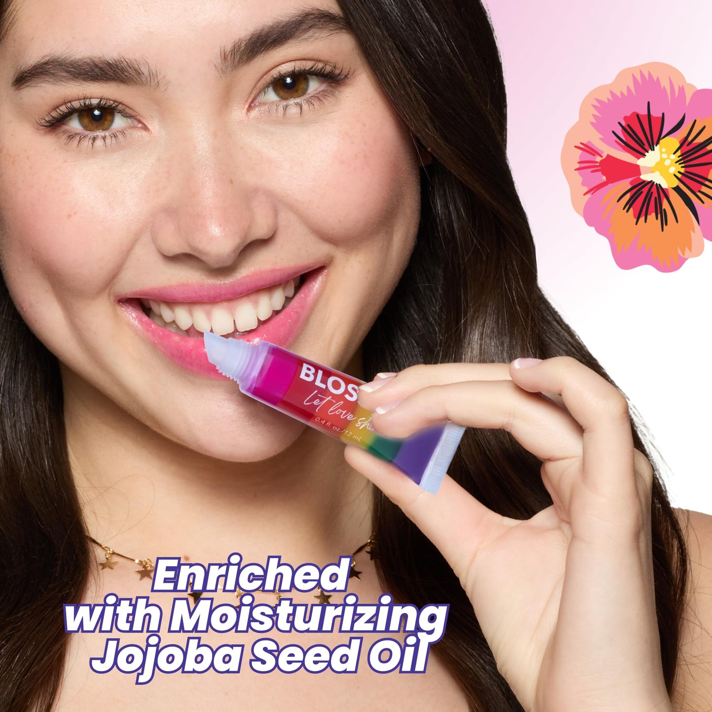 Blossom Lip Gloss Tubes, Strawberry Scented Thick Clear High Shine Moisturizing Flower Lip Gel with Nourishing Jojoba Seed Oil, Infused with Real