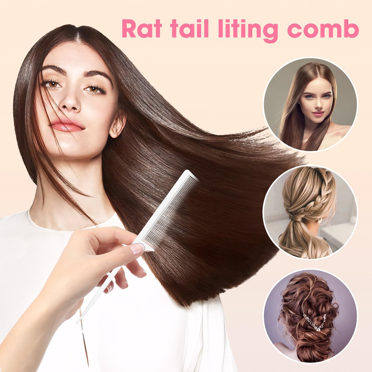Rat Tail Comb 2Pcs Carbon Fiber Root Teasing Anti Static Tail Comb for Women, Fine Tooth Parting Tip, Hair Comb for Styling (White, Pink) Beauty and Personal Care Kunihiko