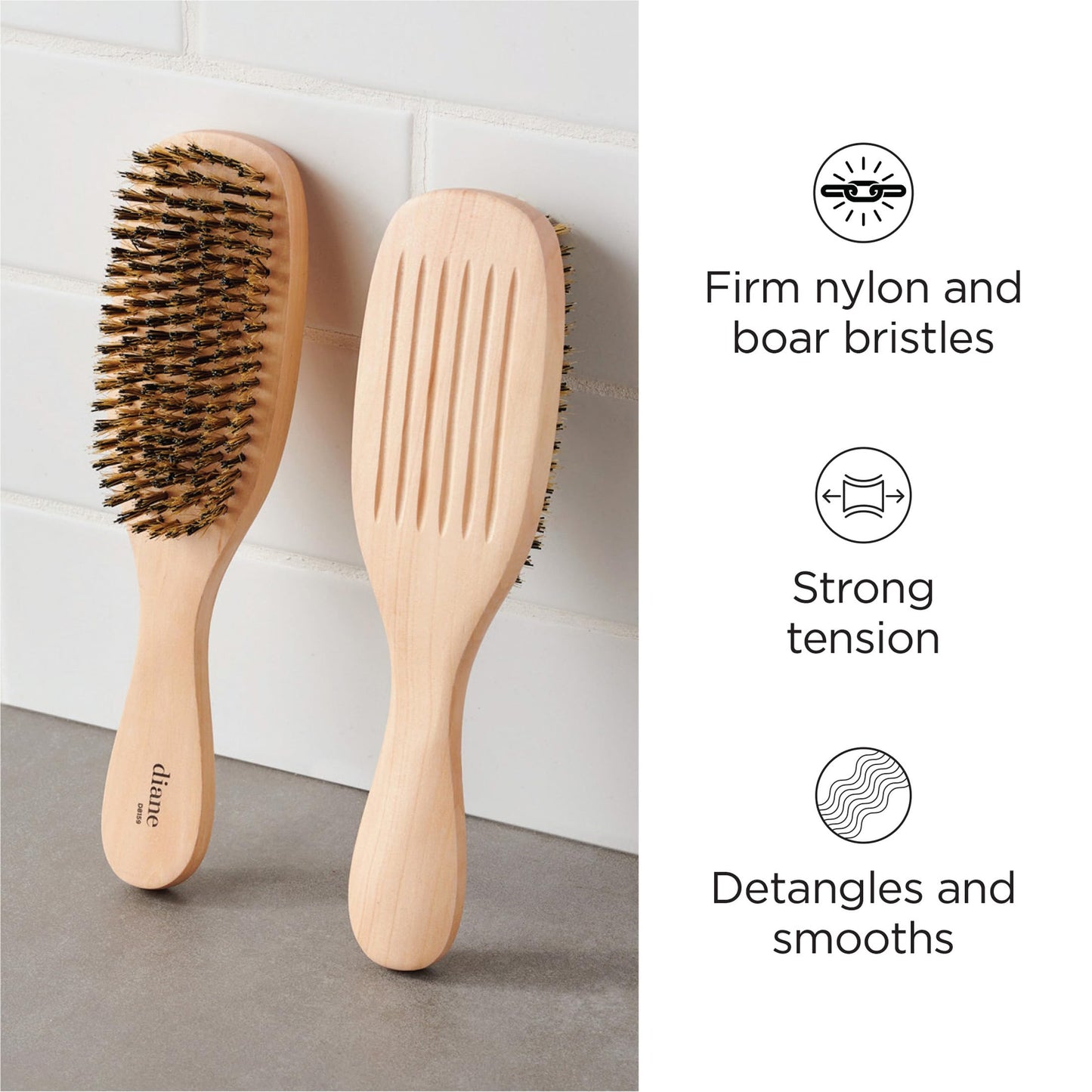 Diane Reinforced Boar Bristle Wave Brush for Men and Barbers - Hard Bristles for Thick to Coarse Hair - Use for Detangling, Smoothing, Wave Styles