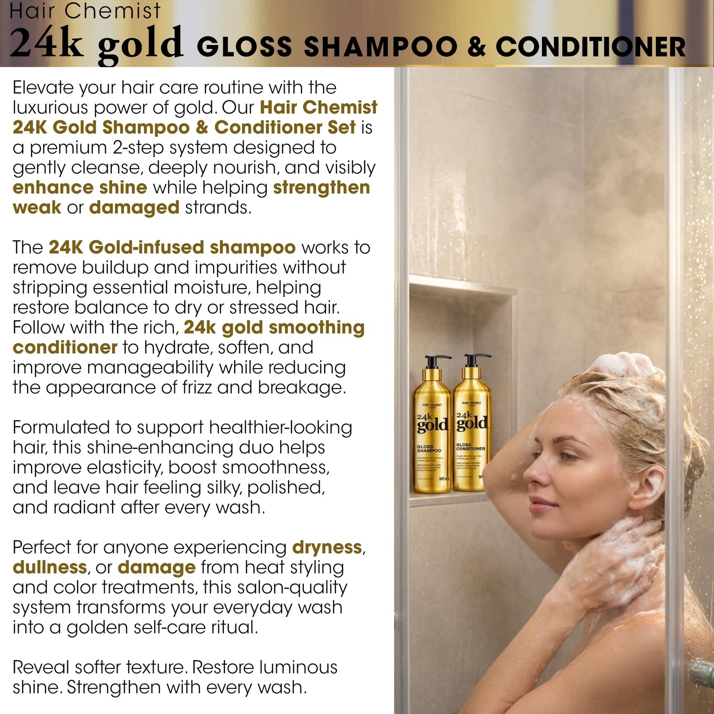Hair Chemist 24K Gold Gloss Shampoo & Conditioner 33.8 oz. 2-PC Set - Strengthening & Shine Enhancing Hair Care System - Hydrating, Smoothing