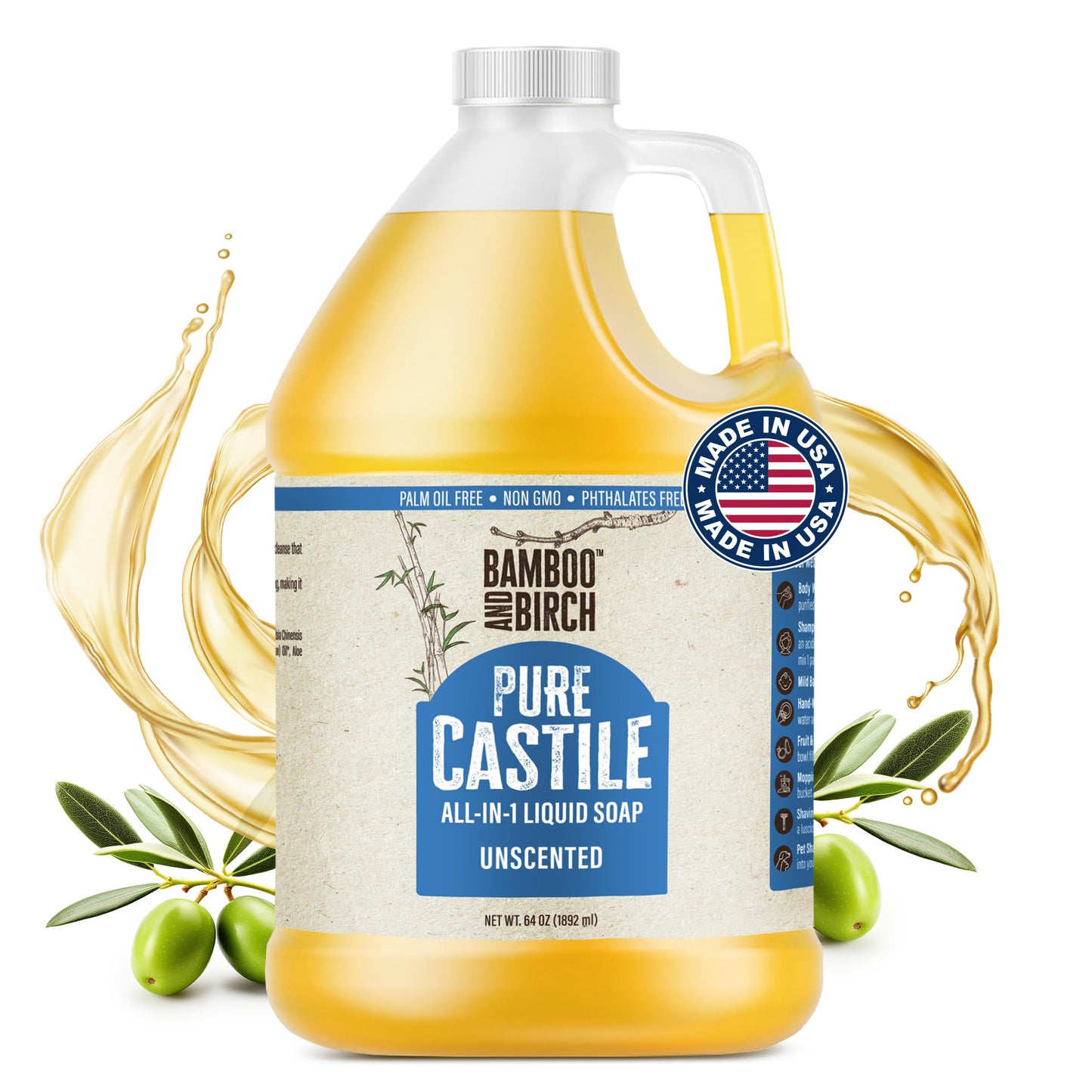 BAMBOO AND BIRCH Pure Castile Soap Liquid, Unscented, 64 oz Beauty and Personal Care BAMBOO AND BIRCH Default Title
