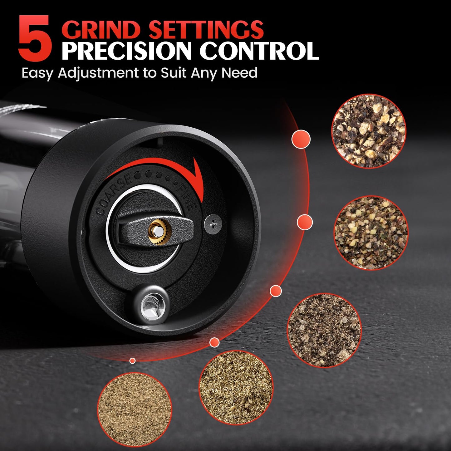 Electric Salt & Pepper Grinder Set, Automatic Battery Operated Mills with Adjustable Coarseness, LED Light & Large Capacity, 2-Pack, Black