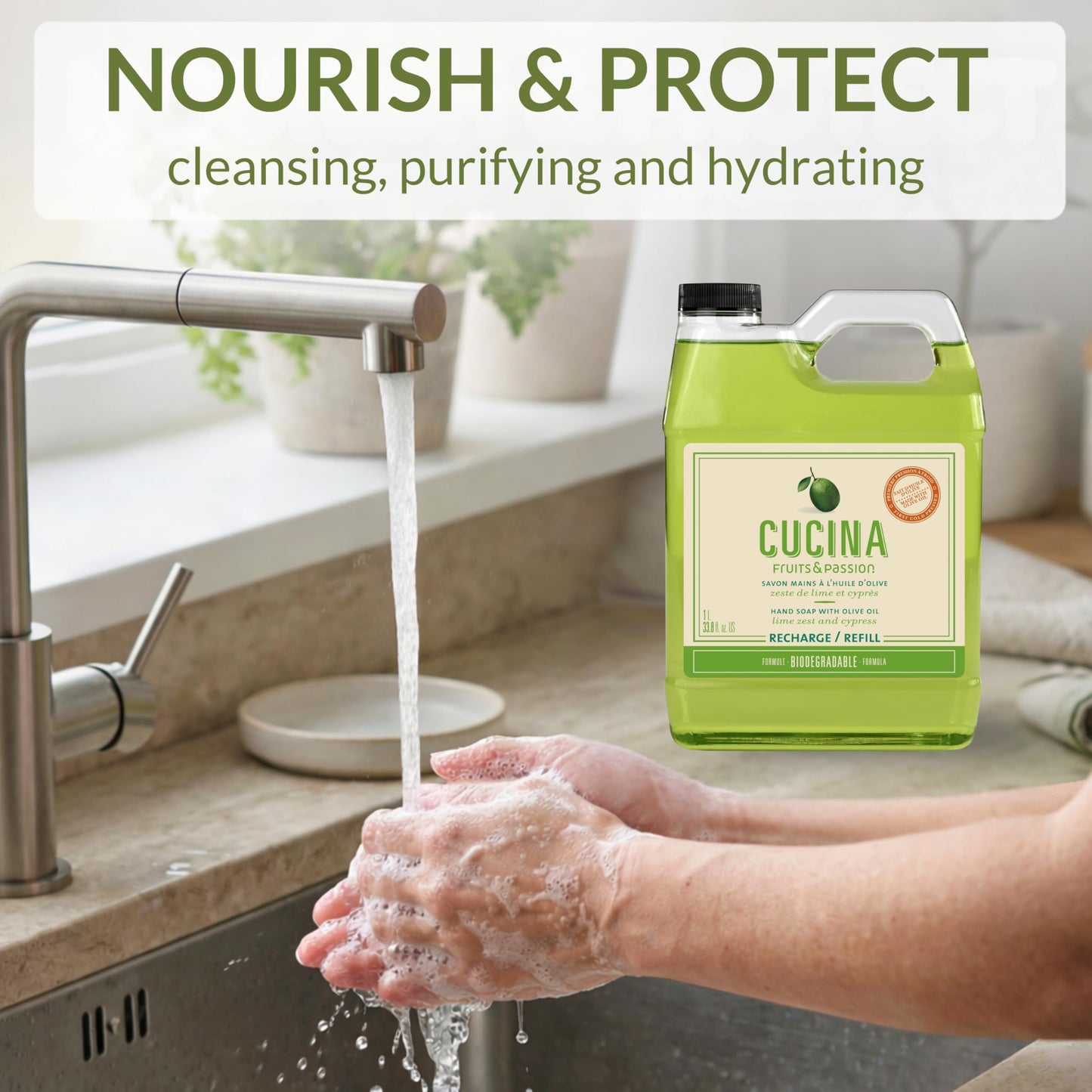 Cucina Fruits & Passion Lime Zest & Cypress Kitchen Hand Soap Refill, 1L Each - 2 Pack | Biodegradable, Cold-Pressed Olive Oil, Vegan, Made in Canada