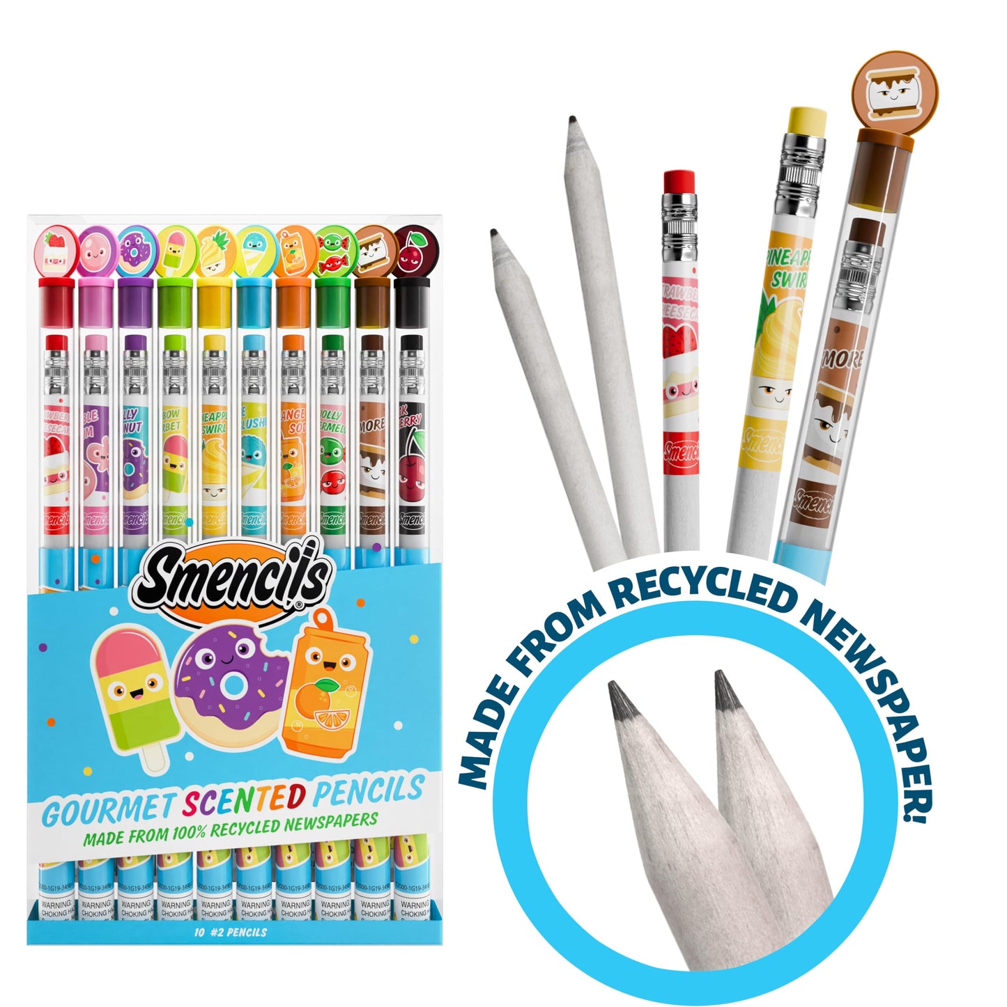 Smencils - Patented Gourmet Scented Graphite HB #2 Pencils Made from Recycled Newspapers, 10 Count, Gifts for Kids, School Supplies