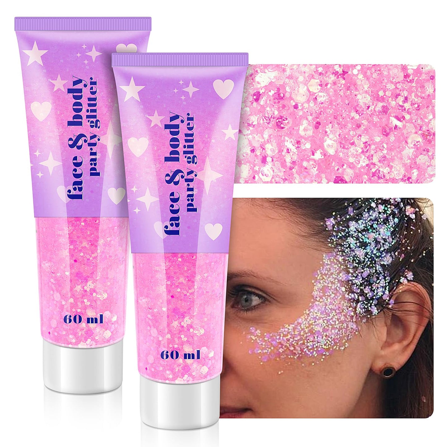 Body Glitter Gel, 2 Jars Face Glitter Gel Sequins Shimmer for Hair, Lip, Eyeshadow, Nails, Chunky and Powder Mixed Glitter Gel, Holographic Cosmetic