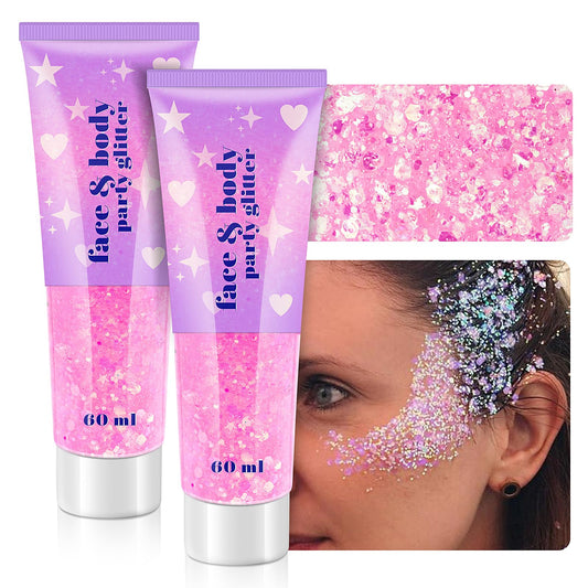 Body Glitter Gel, 2 Jars Face Glitter Gel Sequins Shimmer for Hair, Lip, Eyeshadow, Nails, Chunky and Powder Mixed Glitter Gel, Holographic Cosmetic